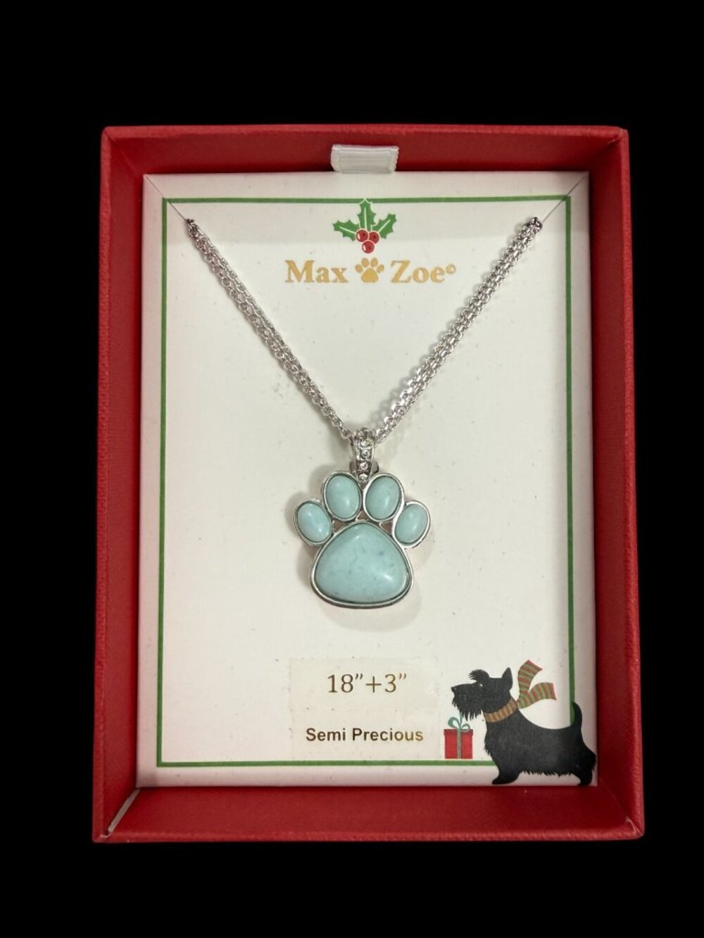 Max & Zoe Paw Necklace Semi-Precious Stone 18"+3" Chain Gift Box Holiday Design